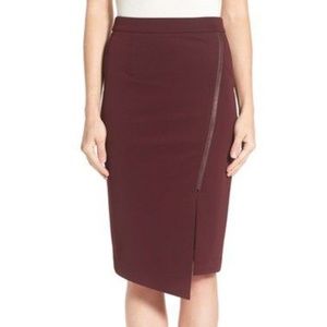 Burgundy Asymmetrical Zip Pencil Skirt